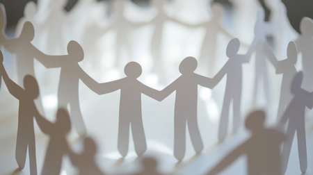 Close-up of paper people cutouts forming a ring, hands connected, suggesting solidarity and shared purposeの素材