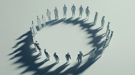 Circle of simple paper people standing together, leaning in as if in a supportive discussion, shadows adding depthの素材