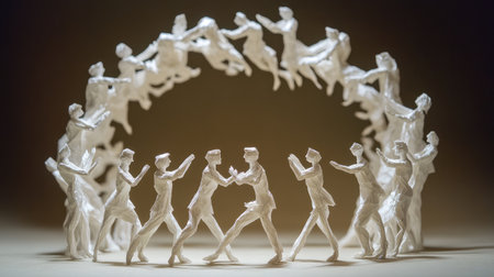 Group of interlinked paper figures forming a complete ring, each leaning in for meaningful conversationの素材