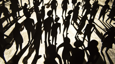 Paper cutout figures standing in a close circle, leaning forward, shadows forming a pattern of togethernessの素材