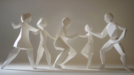 Group of paper people in a dynamic pose, appearing to have a conversation, with expressive body languageの素材