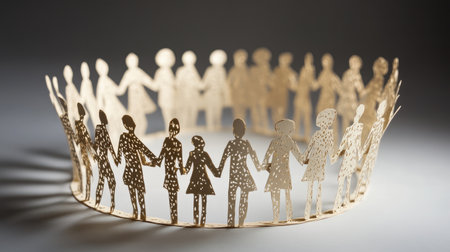 Group of interlinked paper people forming a ring, with varying heights to represent diverse but united voicesの素材