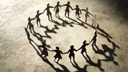 Paper silhouettes forming a circle with arms outstretched, suggesting friendship, teamwork, and open dialogueの素材