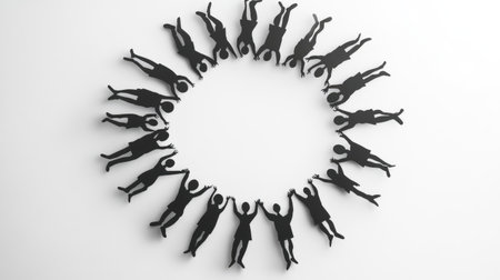 Paper silhouettes forming a circle with arms outstretched, suggesting friendship, teamwork, and open dialogueの素材