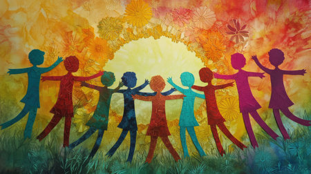 Group of paper cutouts forming a circle with arms outstretched, ready for a shared, supportive conversationの素材