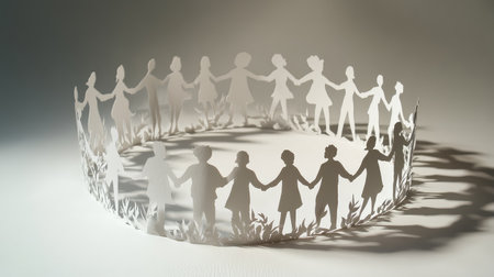 Paper cutouts of people in a circle, holding hands and engaging in conversation, symbolizing unity and harmonyの素材