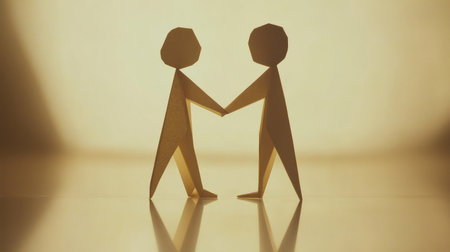 Interlocked paper people holding hands and facing each other, symbolizing partnership, trust, and shared ideasの素材