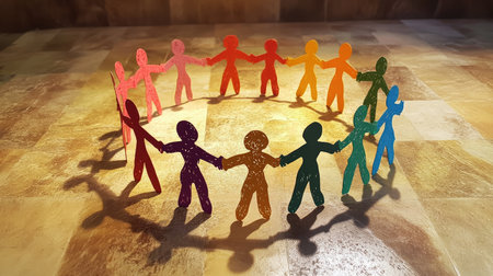 Paper cutout figures holding hands in a circle, each a unique color, representing the strength of diversity and unityの素材