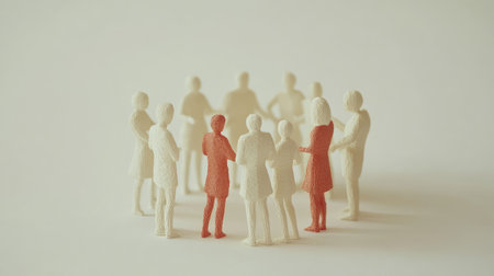 Paper people in a standing circle, all leaning in as if sharing stories, on a simple white backgroundの素材
