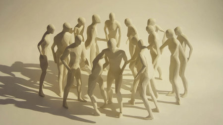Paper people in a standing circle, leaning forward as if listening intently, shadows cast on a white backgroundの素材