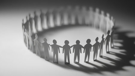 Group of interlinked paper people forming a ring, with varying heights to represent diverse but united voicesの素材