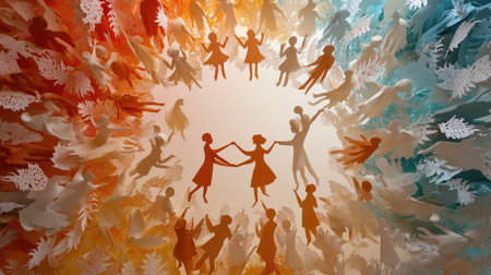Paper cutouts of people in a circle, holding hands and engaging in conversation, symbolizing unity and harmonyの素材