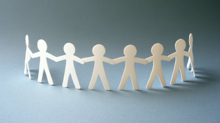 Paper figures holding hands around a central point, symbolizing balance and equality in dialogue and communityの素材