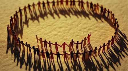 Paper people holding hands in a large circle, facing inward, representing a united community and strong bondsの素材