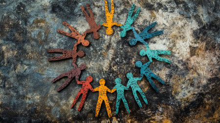 Paper cutout figures holding hands in a circle, each a unique color, representing the strength of diversity and unityの素材