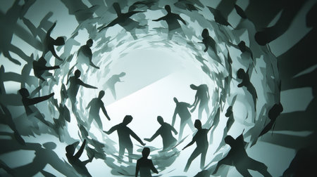 Interlinked paper figures forming a circle, shadows creating a pattern of solidarity and shared ideasの素材