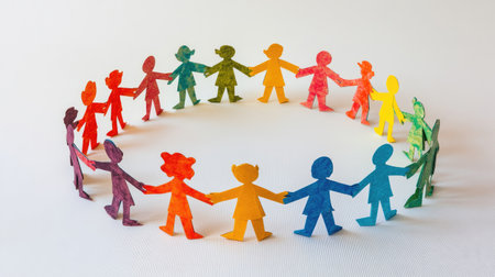 Simple chain of paper people arranged in a lively circle, with each figure facing another in a shared conversationの素材