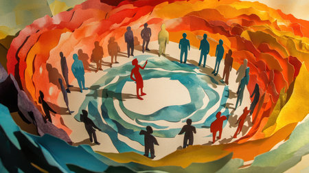 Paper cutouts of people forming a circle, with one figure leaning forward as if telling a story, highlighting connectionの素材