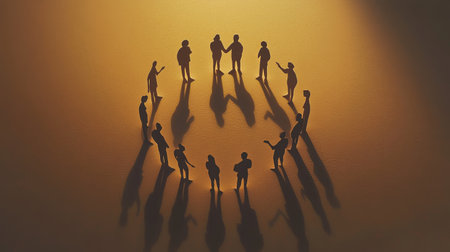 Minimalistic scene of paper cutouts forming a circle, shadows emphasizing the conversation and togethernessの素材