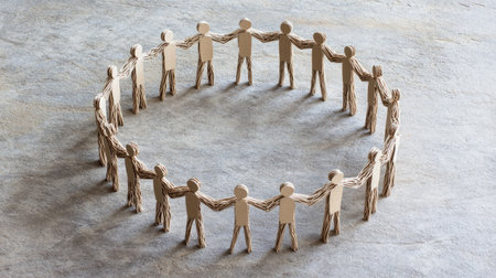 Paper figures with interlocking hands, standing in a circle, symbolizing teamwork and a shared sense of belongingの素材
