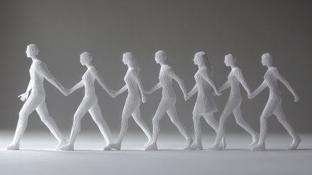 Row of paper people holding hands, leaning in slightly as if discussing something important, conveying supportの素材