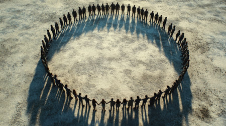 Paper people holding hands in a large circle, facing inward, representing a united community and strong bondsの素材