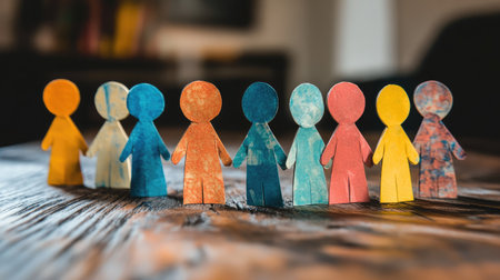 Paper people arranged in a connected line, facing each other in discussion, suggesting solidarity and mutual understandingの素材