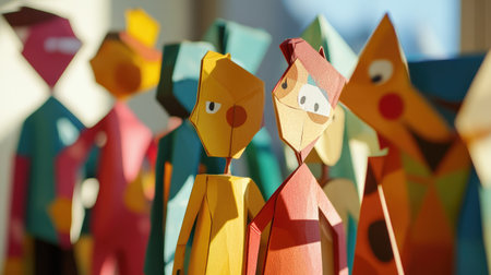 Paper figures standing close together, leaning in as if sharing ideas, representing community and dialogueの素材