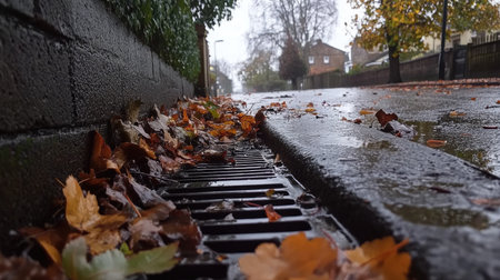 Overflowing drain covered in fallen autumn leaves, with water spilling onto the street and pooling in muddy puddlesの素材