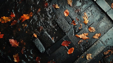 Brown, murky water overflowing from a street drain, with scattered autumn leaves caught in the flowの素材