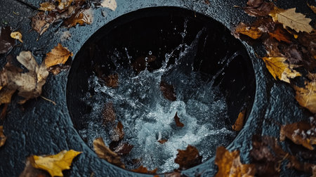 Overflowing storm drain surrounded by leaves and debris, water splashing out in every directionの素材