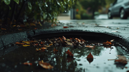 Heavy rain flooding a blocked storm drain, pushing leaves and debris into a growing, murky puddleの素材