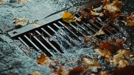 Close-up of an overflowing street drain surrounded by wet leaves and debris, water rushing over the metal grateの素材