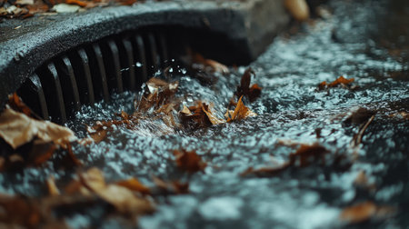 Close-up of a flood drain bursting with rainwater, leaves, and twigs floating in the rushing currentの素材