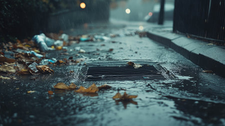 Heavy rainfall overflowing a storm drain, leaves, and trash swirling in muddy currents on the wet pavementの素材