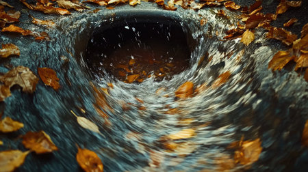 Swirling rainwater rushing over a storm drain choked with fallen leaves, creating a mess of debrisの素材