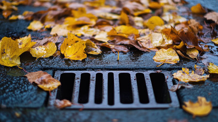 Fallen yellow and brown leaves collecting around an overfilled drain, water seeping through in a constant streamの素材