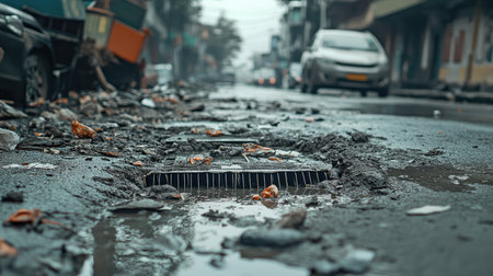 Overflowing drain surrounded by scattered debris, muddy water streaming onto the asphalt streetの素材
