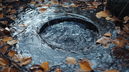Swirling, muddy water erupting from a clogged drain surrounded by scattered leaves and small branchesの素材