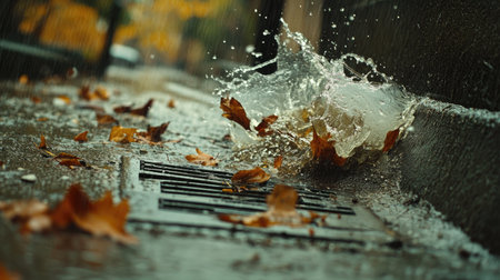 Close-up view of heavy rain flooding a street drain, leaves and dirt swirling in the turbulent waterの素材