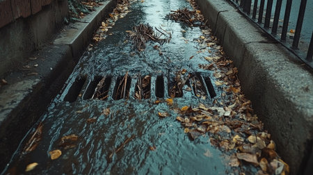 Street drain clogged with leaves, water gushing out forcefully and carrying sticks and litter alongの素材