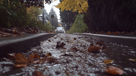 Fallen leaves and debris clogging a storm drain as heavy rainwater gushes out, spreading in a wide streamの素材