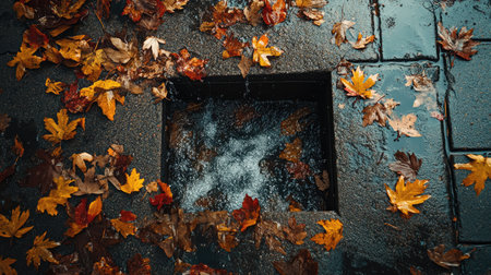 Overflowing urban drain surrounded by fallen autumn leaves and rainwater gushing into the streetの素材
