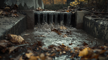 Overflowing urban drain with muddy rainwater surging over it, wet leaves and twigs scattered aroundの素材