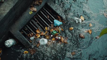 Water spilling over a blocked drain grate, leaves and garbage scattered, creating a chaotic sceneの素材