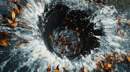 Stormwater gushing out of an overfilled drain, carrying leaves and sticks in a powerful, swirling currentの素材