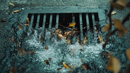 Overflowing street drain with rainwater splashing over the grate, carrying leaves and branches in the currentの素材