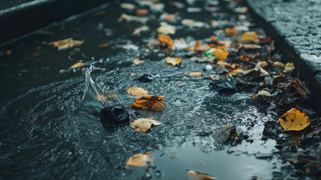 Leaves and garbage collecting around a flooded drain, water splashing and creating ripples during heavy rainfallの素材