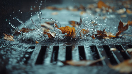 Overflowing street drain with rainwater splashing over the grate, carrying leaves and branches in the currentの素材