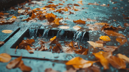 Swirling rainwater rushing over a storm drain choked with fallen leaves, creating a mess of debrisの素材